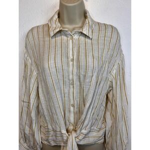 Anthropologie Ivory & Gold Stripe Long Sleeve Tie Waist Shirt Women's Size 8